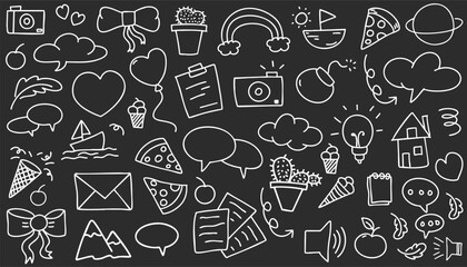 Simple sketch line style elements. Doodle cute pen line elements isolated on black and white landscapes background. Doodle heart, bubble, decoration symbol, white icon set. Vector illustration.