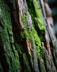 Obraz premium Ancient tree bark with deep furrows and vibrant green moss, evokes sense of enduring strength and natural beauty, revealing textured and captivating close up