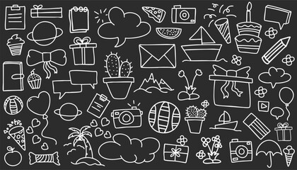 Simple sketch line style elements. Doodle cute pen line elements isolated on black and white landscapes background. Doodle heart, bubble, decoration symbol, white icon set. Vector illustration.