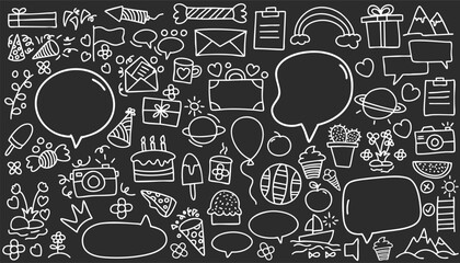 Simple sketch line style elements. Doodle cute pen line elements isolated on black and white landscapes background. Doodle heart, bubble, decoration symbol, white icon set. Vector illustration.