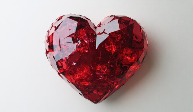 A vibrant, faceted heart, seemingly of fractured crystal, radiates a deep crimson hue