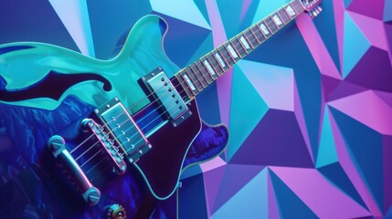 Obraz premium Electric guitar with colorful geometric background and vibrant lighting.