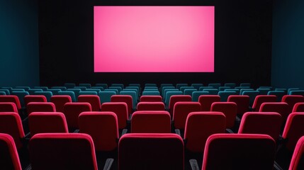 Fototapeta premium Empty cinema auditorium with pink screen lighting rows of red and teal seats