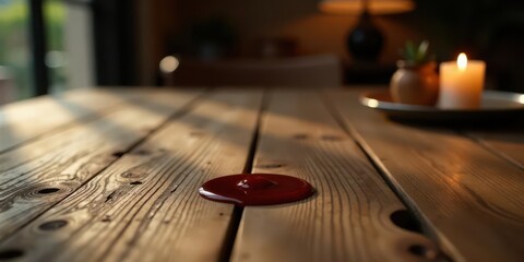 Obraz premium A Single Drop of Deep Red Liquid on a Rustic Wooden Tabletop in Soft, Warm Light