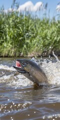 Fototapeta premium Close-up of salmon jumping out of river water with lush greenery in the background