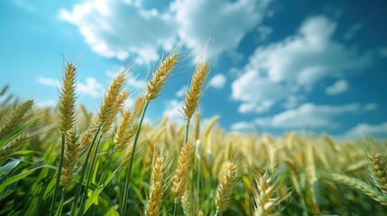 Obraz premium Golden wheat field under a bright blue sky with fluffy white clouds.