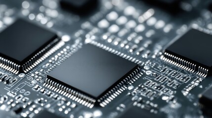 Macro Shot of Modern Computer Chip on Circuit Board; Technology, Engineering, and Innovation Concept; Close Up of Microprocessor on Motherboard