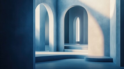 A serene, light-filled architectural interior with arches.