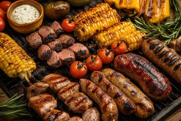 Delicious Grilled Barbecue Feast Summer Food Corn Sausages Meat Skewers BBQ Hot Meal Tasty Party    