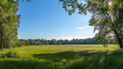Obraz premium Expansive meadow bathed in sunlight amidst a verdant forest.