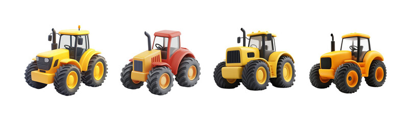 Obraz premium Tractor 3d cartoon set with transparent background