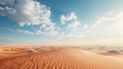 Naklejka premium Expansive desert landscape with golden sand dunes under a bright blue sky with scattered clouds.