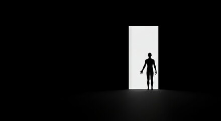 Obraz premium Silhouette figure facing a bright doorway in darkness.