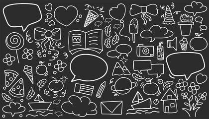 Simple sketch line style elements. Doodle cute pen line elements isolated on black and white landscapes background. Doodle heart, bubble, decoration symbol, white icon set. Vector illustration.