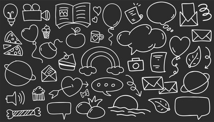 Simple sketch line style elements. Doodle cute pen line elements isolated on black and white landscapes background. Doodle heart, bubble, decoration symbol, white icon set. Vector illustration.