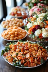 Buffet of colorful dishes and flowers