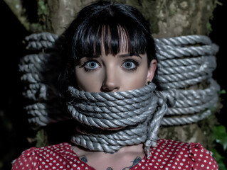slightly dark and dramatic outdoor photograph of a young woman tied to a tree trunk with rope, her mouth gagged with a piece of white cloth