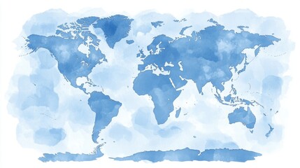 Watercolor World Map Illustration Depicting Continents in Blue Hues on White Background Geography Artwork