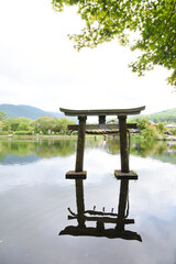 初夏の大分県・湯布院の金鱗湖と鳥居
