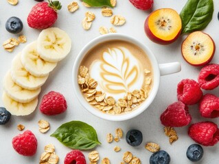 Healthy breakfast featuring coffee, oatmeal, and fruit.