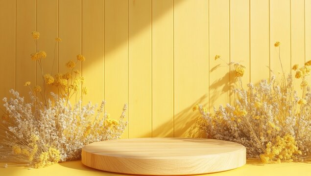 Wooden podium with dried flowers on a sunny yellow backdrop - Powered by Adobe