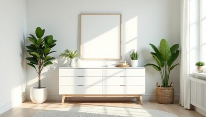 Modern white dresser in a bright bedroom, styled with plants and accessories , drawers, tidy room