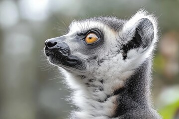 Fototapeta premium Close-up portrait of a ring-tailed lemur looking upward, showcasing its expressive eyes and unique markings.