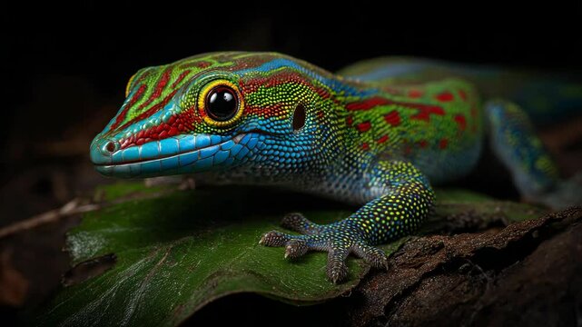 Detailed close up of colorful gecko with vibrant skin on a green leaf in a dark natural setting