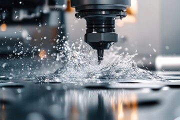 Precision metal cutting in action.  Water coolant spray shows the high-speed cutting process