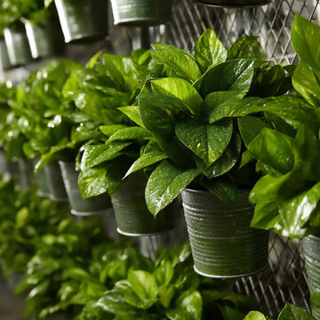 bright and vibrant outdoor diy garden close-up photograph featuring a vertical garden covered in lush green ivy and trailing pothos plants growing out of simple metal buc