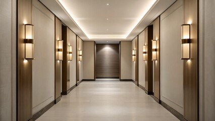 A modern, well-lit hotel corridor with elegant wall sconces, neutral tones, and a clean, minimalist design.