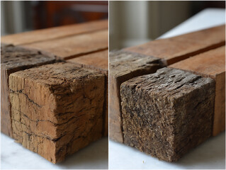bright and cozy indoor photograph sequence showing the steps of cutting wooden planks with a handsaw to build a diy shelf,