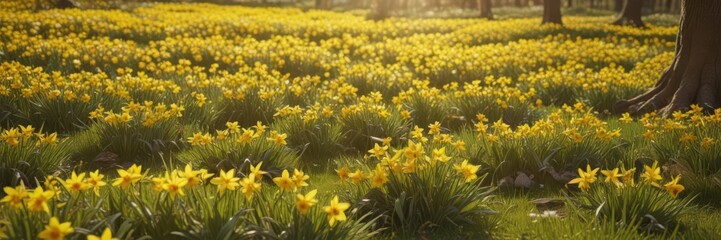 Fototapeta premium Golden daffodils carpet sunny meadow, vibrant hues, cheerful spring scene, bloom, beautiful, spring