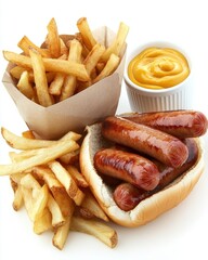 Hotdog with French Fries and Mustard Close Up Still Life on White Background Delicious Meal