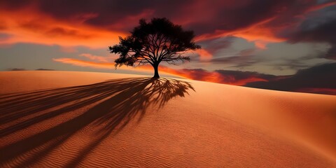 Lone tree stands tall against a fiery sunset, its shadow stretching long across the desert dune. A breathtaking scene of solitude and serenity under a dramatic sky.