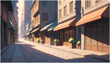 Obraz premium Sunlit City Street A Charming Illustration of Urban Architecture and Daily Life