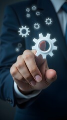 Strategic Cogs Turning Innovative Ideas Into Action Person In Suit Interacting With Digital Gears Progress Efficiency Technology