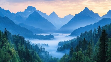Fototapeta premium Serene Mountain Valley Sunrise Misty Peaks Nature