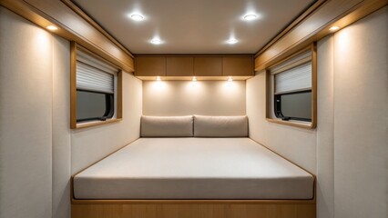 A modern, cozy camper van bedroom with ambient lighting, wooden finishes, and two windows with blinds.