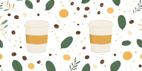 Two coffee cups, amidst leaves and coffee beans, on a white background