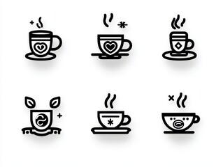 Simple coffee cup icons in various styles.  Different types of hot drinks are depicted, including latte, coffee, and tea. Each cup design features a heart, snowflake, or leaves