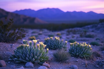 Desert twilight, vibrant yellow flowers blooming amidst succulents against a backdrop of mountain ranges. Soft light bathes the landscape at sunset