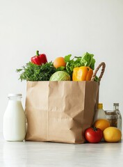 Grocery shopping haul. Fresh produce and dairy in brown paper bag