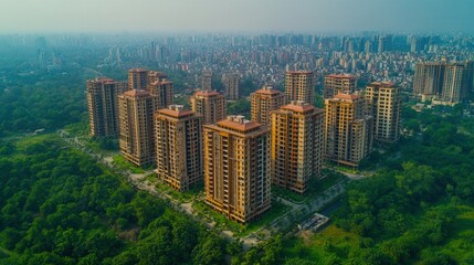 Obraz premium An eye-level perspective reveals tall residential buildings surrounded by beautiful green nature.