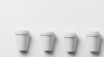 Four identical white disposable coffee cups arranged in a row against a plain white background