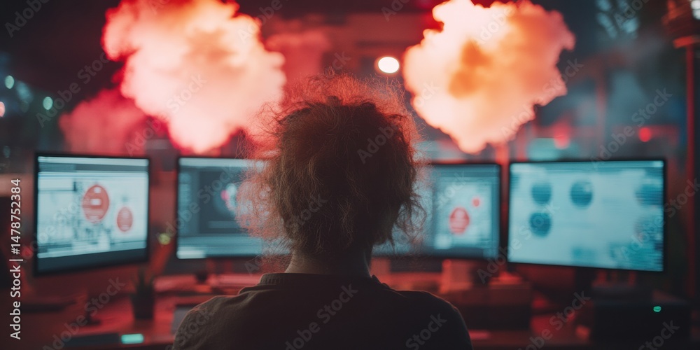 Fototapete Cybersecurity Immersion Neon-Drenched DevOps Command Center with Dramatic Cloud Analytics - Next-Gen Digital Workflow Optimization for Tech Professionals