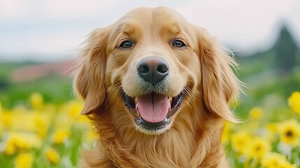 Joyful golden retriever smiles amongst wildflowers.