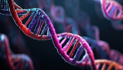 Vivid visualization of DNA structures with advanced tech, set against a contrasting dark background.