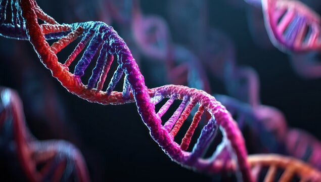 Vivid visualization of DNA structures with advanced tech, set against a contrasting dark background.