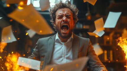 A stressed businessman yells with papers and fire around him, expressing intense frustration.
